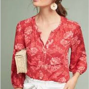 Anthropologie Akemi + Kin Button Down Puff Sleeve Floral Red Women's Top Size S
